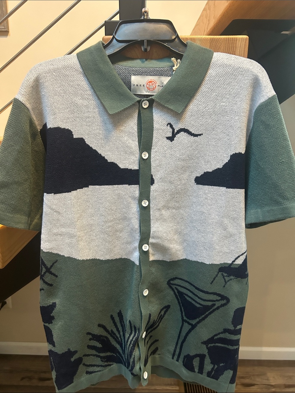 Free Planet Sea-Scene Knit Button Shirt in Green & Gray